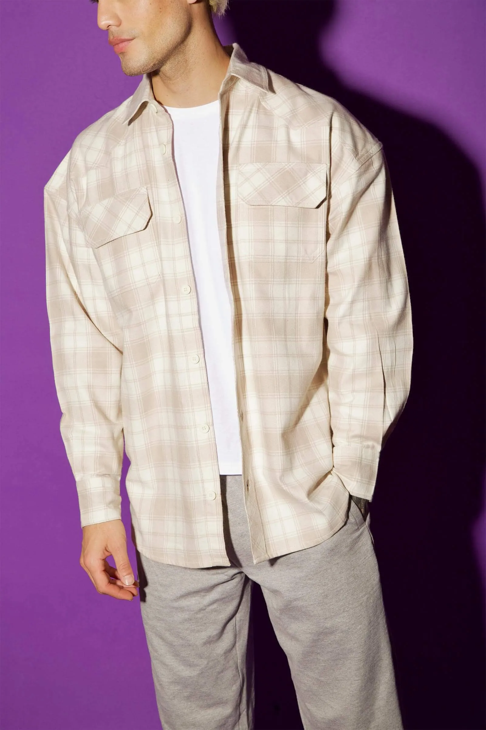 Beige Plaid Flannel Oversized Shirt