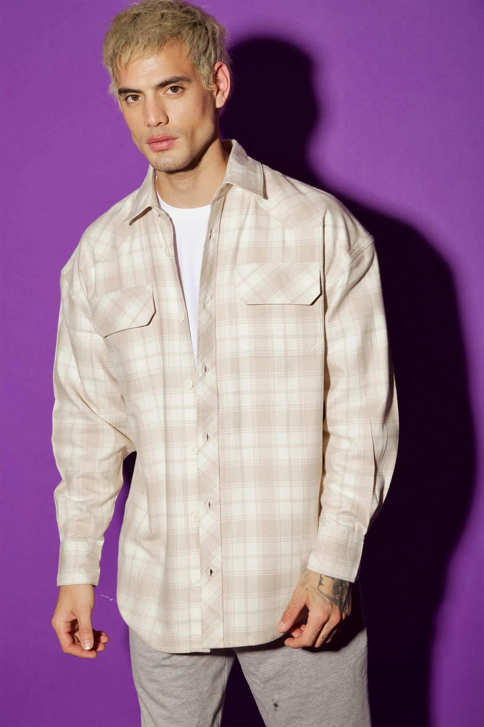 Beige Plaid Flannel Oversized Shirt