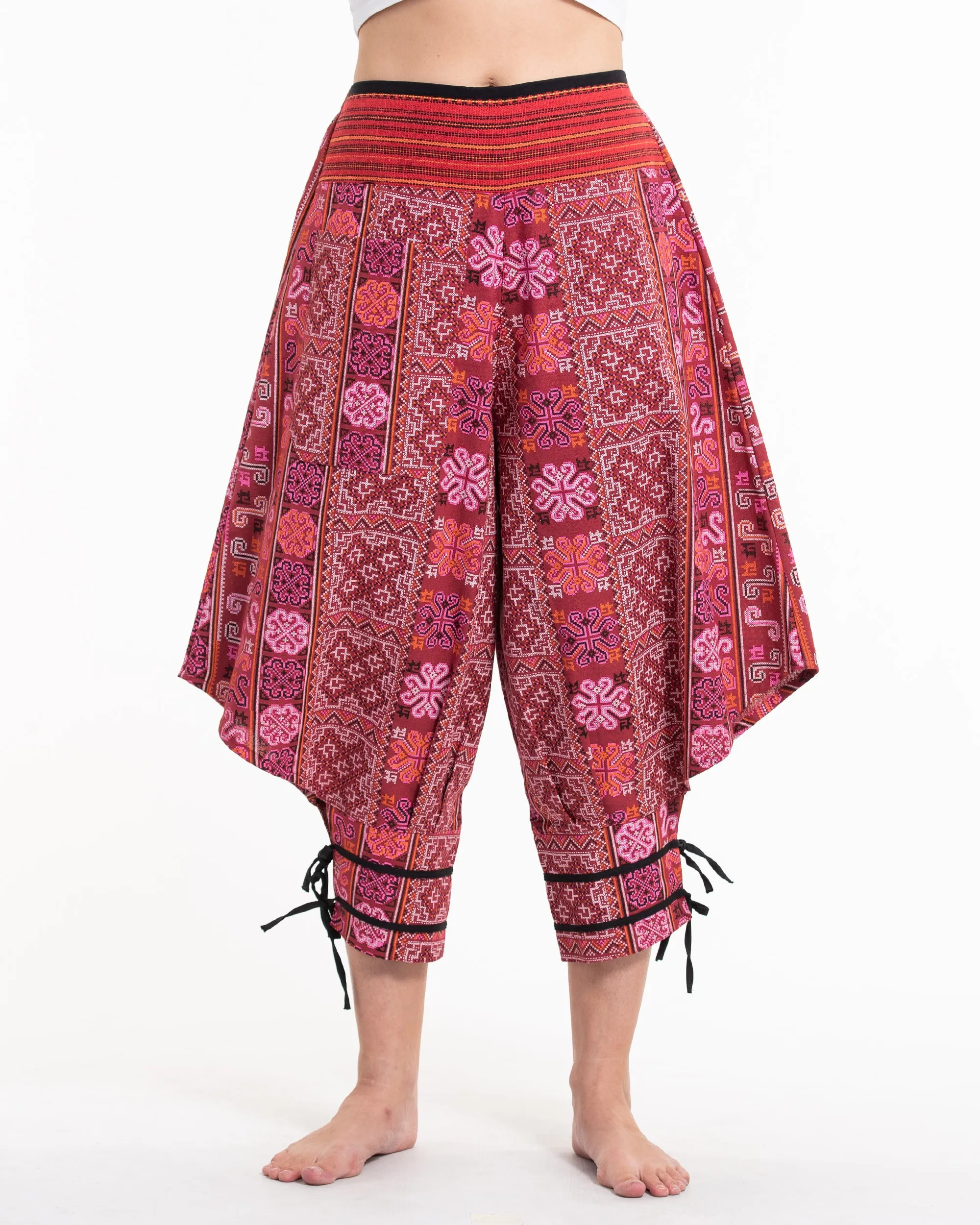 Clovers Thai Hill Tribe Fabric Women's Harem Pants with Ankle Straps in Pink Red