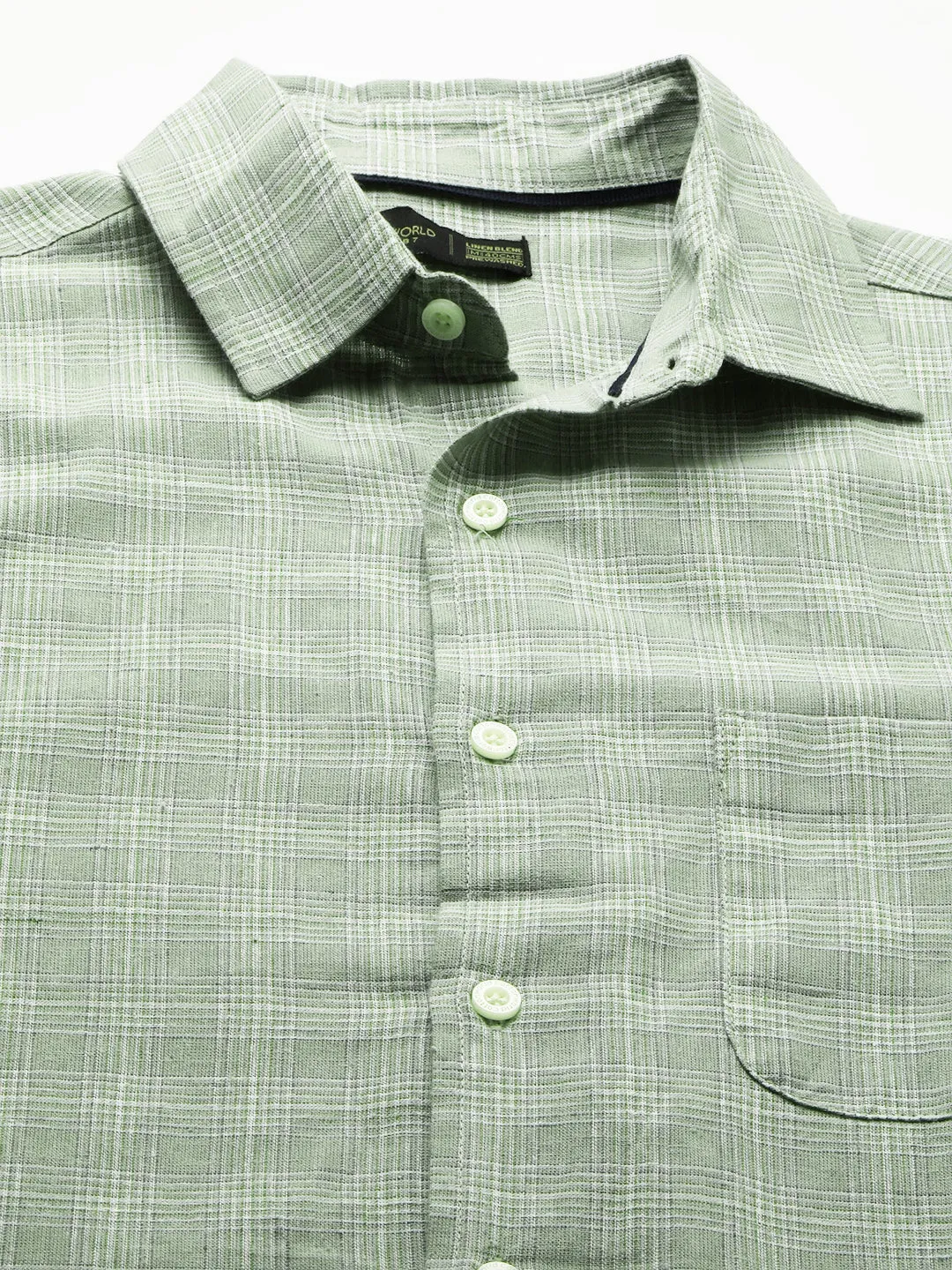 Men's Green Linen Cotton Regular Fit Checked Shirt