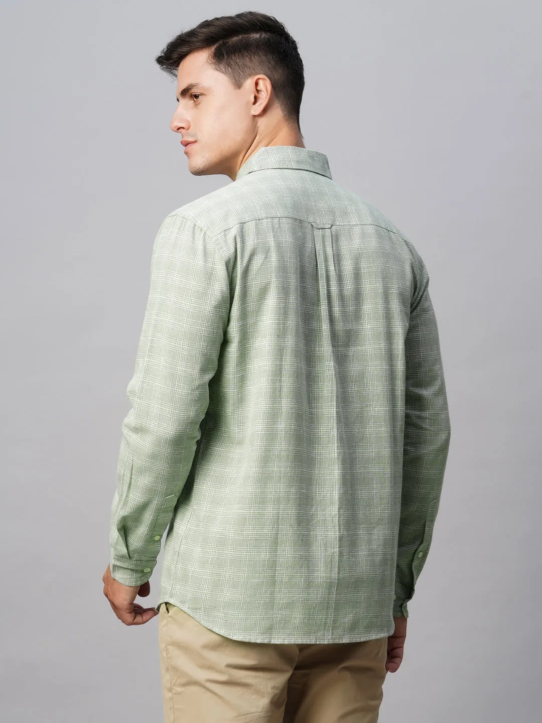 Men's Green Linen Cotton Regular Fit Checked Shirt