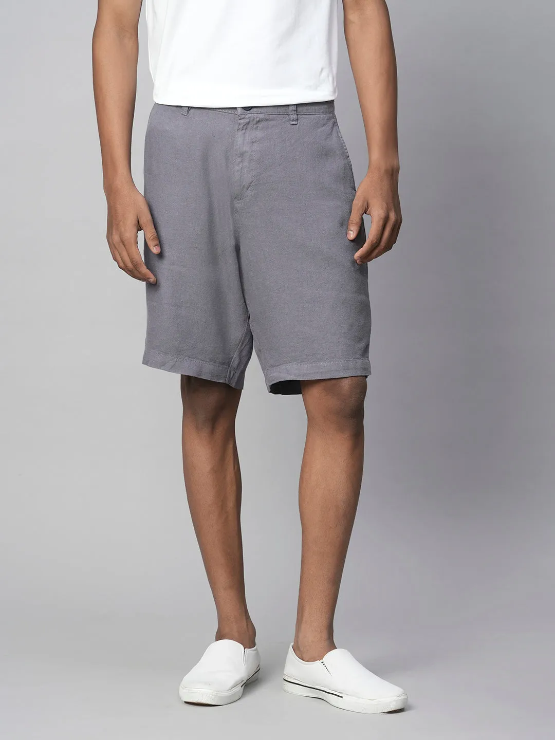 Men's Grey Linen Viscose Regular Fit Shorts