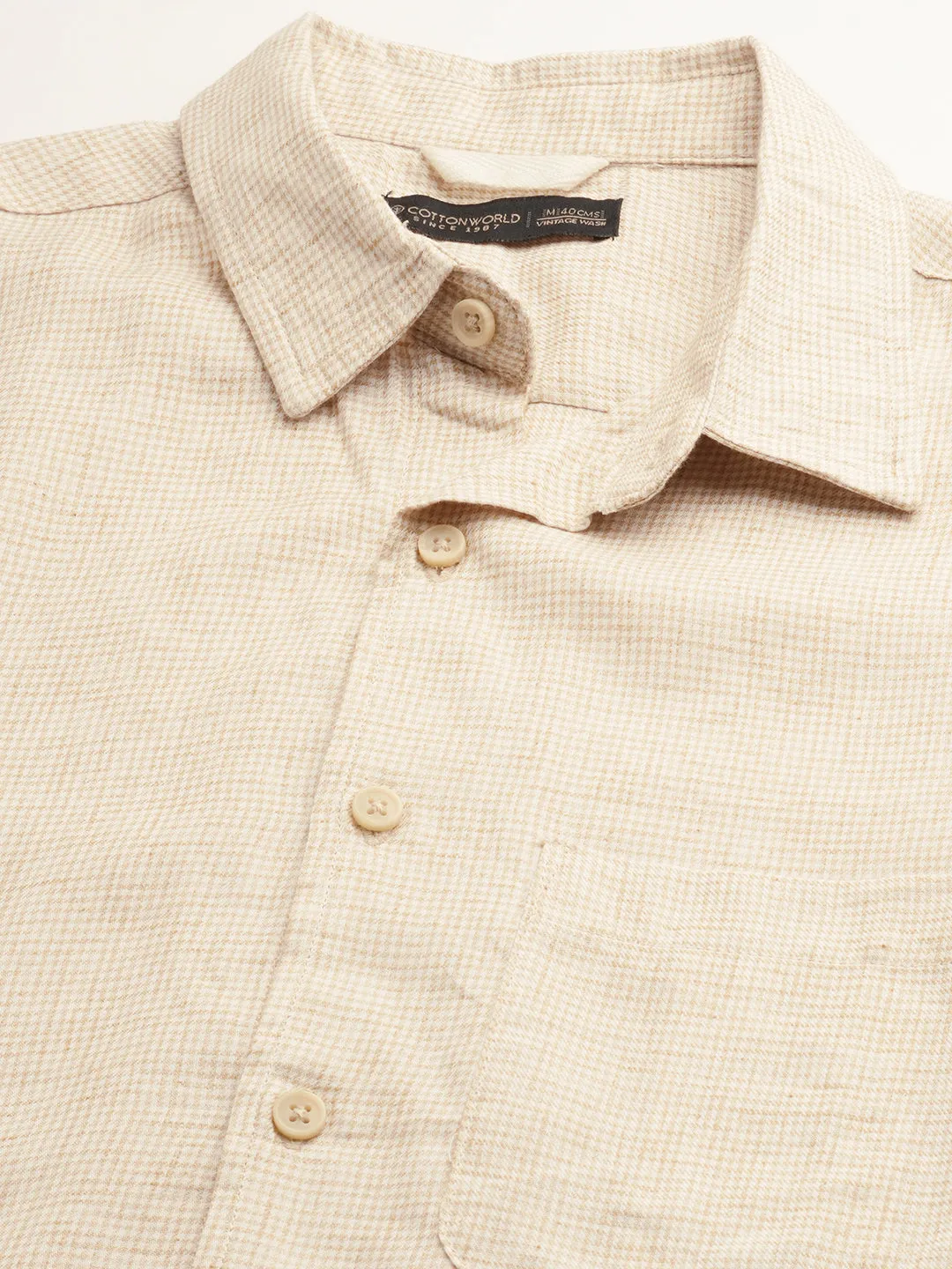 Men's Khaki Cotton Regular Fit Checked Shirt