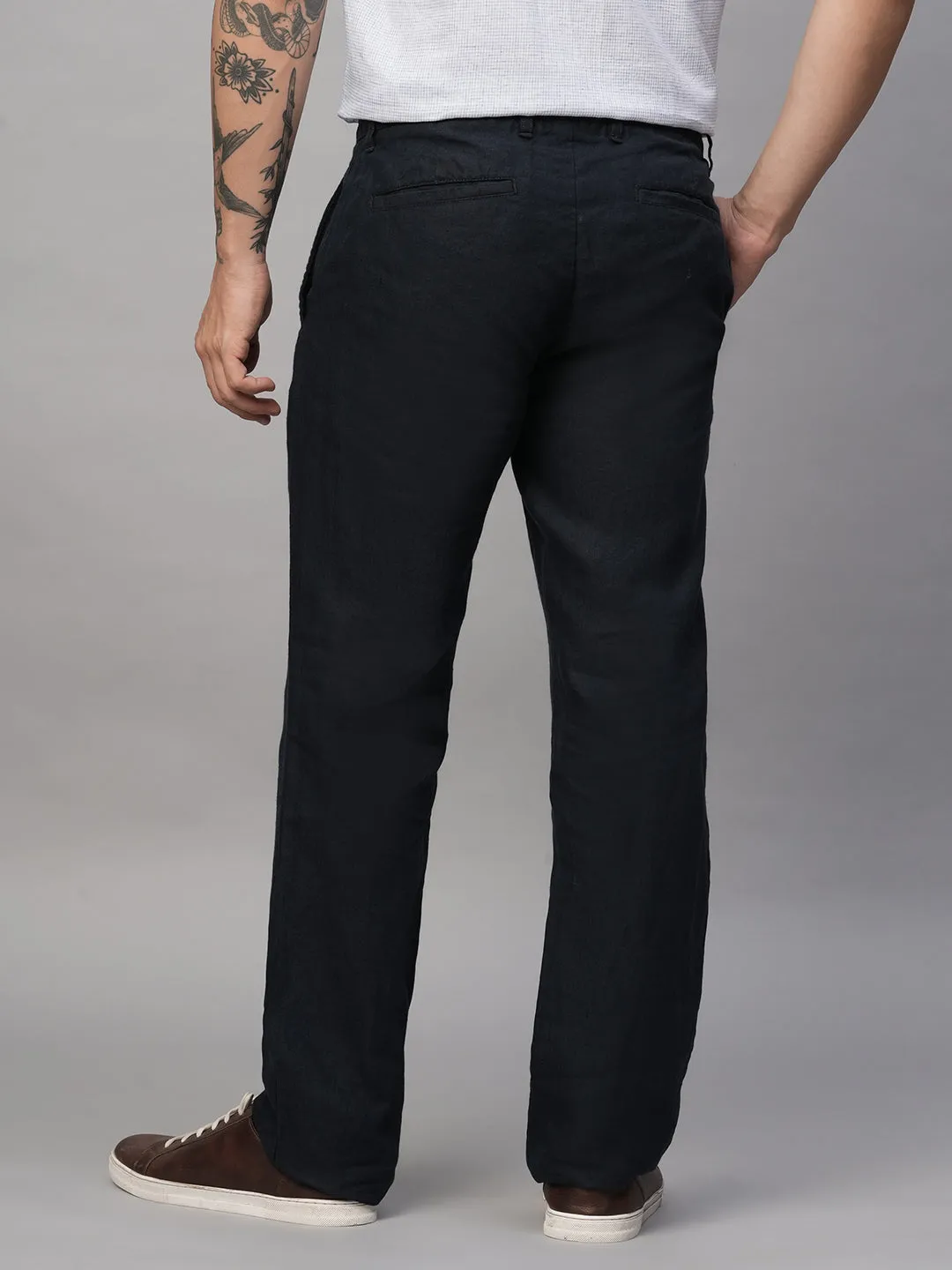 Men's Navy 100% Linen Regular Fit Pant