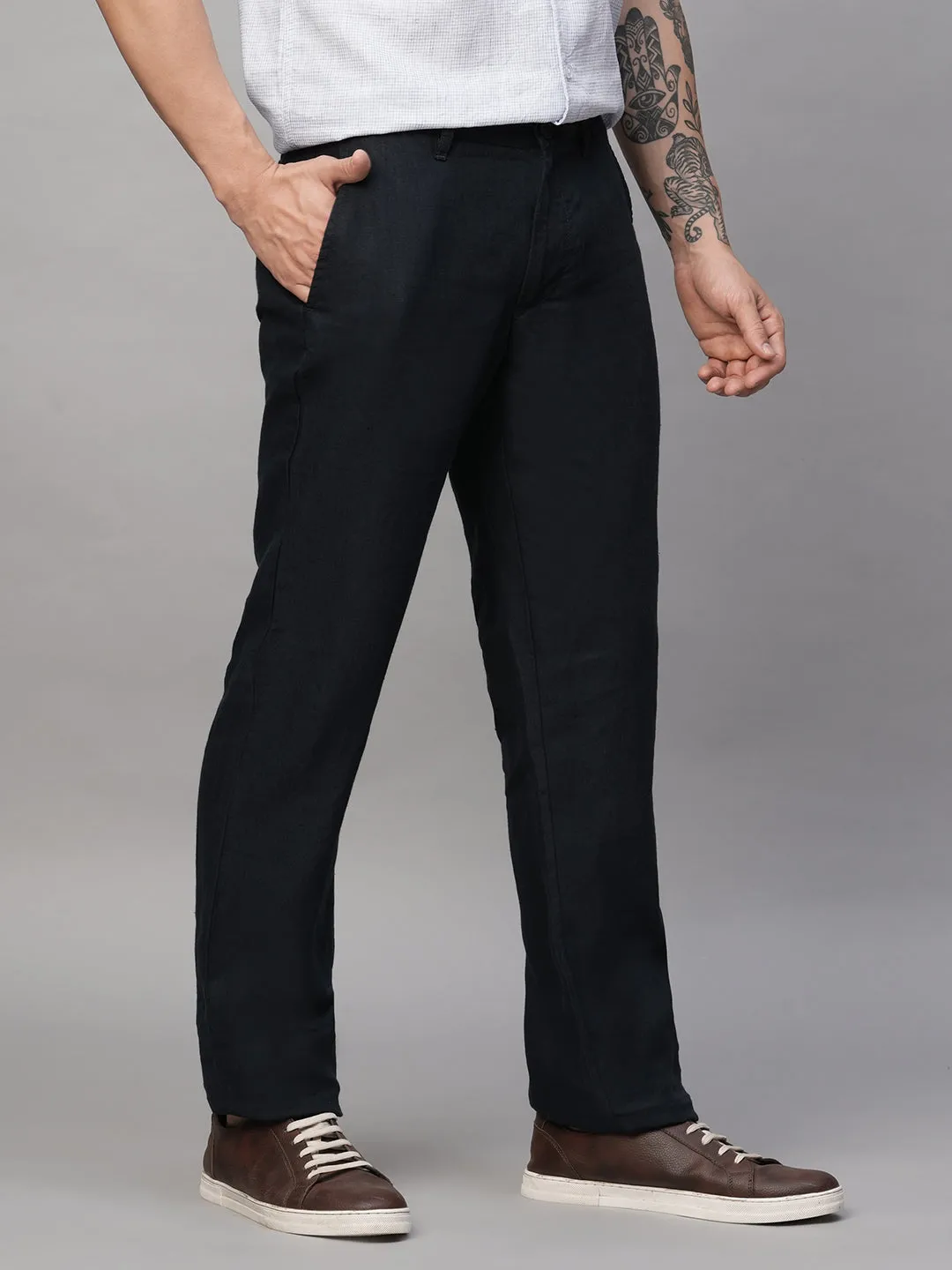 Men's Navy 100% Linen Regular Fit Pant