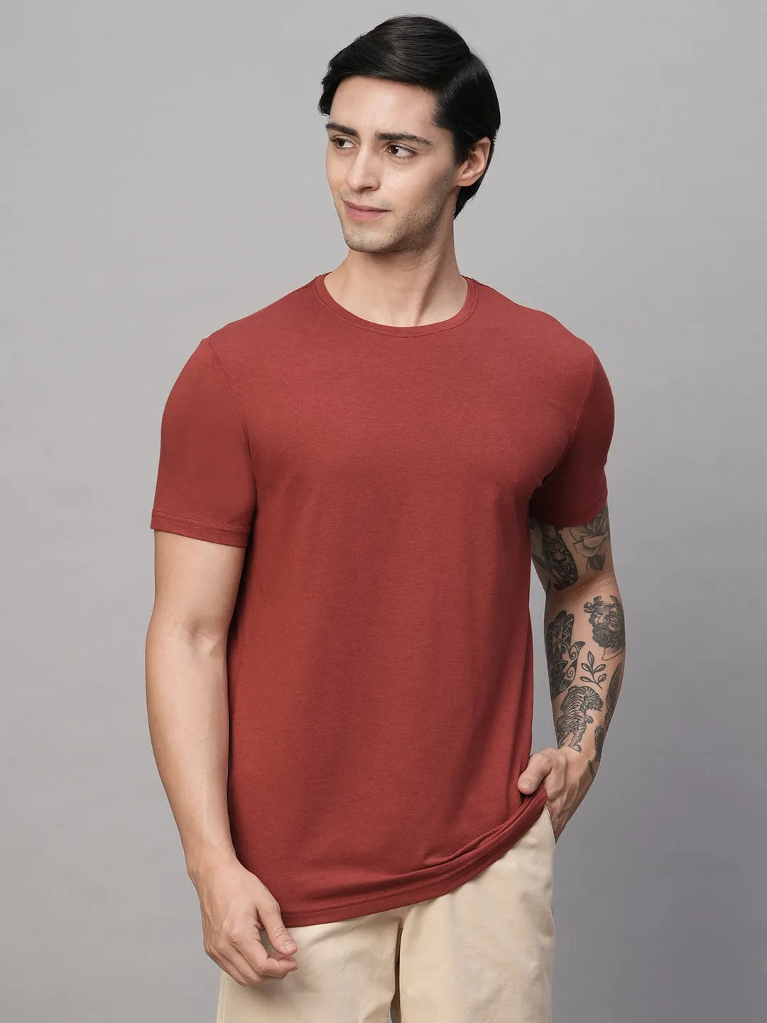 Men's Red Cotton Bamboo Elastane Regular Fit Tshirt