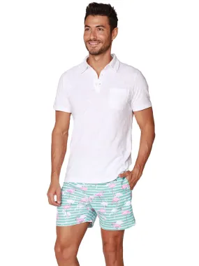 Men's Swim Trunks with flamingos on a striped background