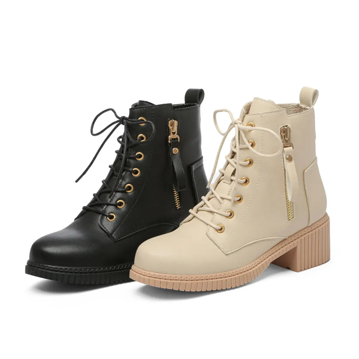 Sohiwoo French Retro Style Girls Shoes Autumn And Winter Thick Heeled Lace Up Martin Boots Thick Soles Round Head 5cm Short Heel Boots