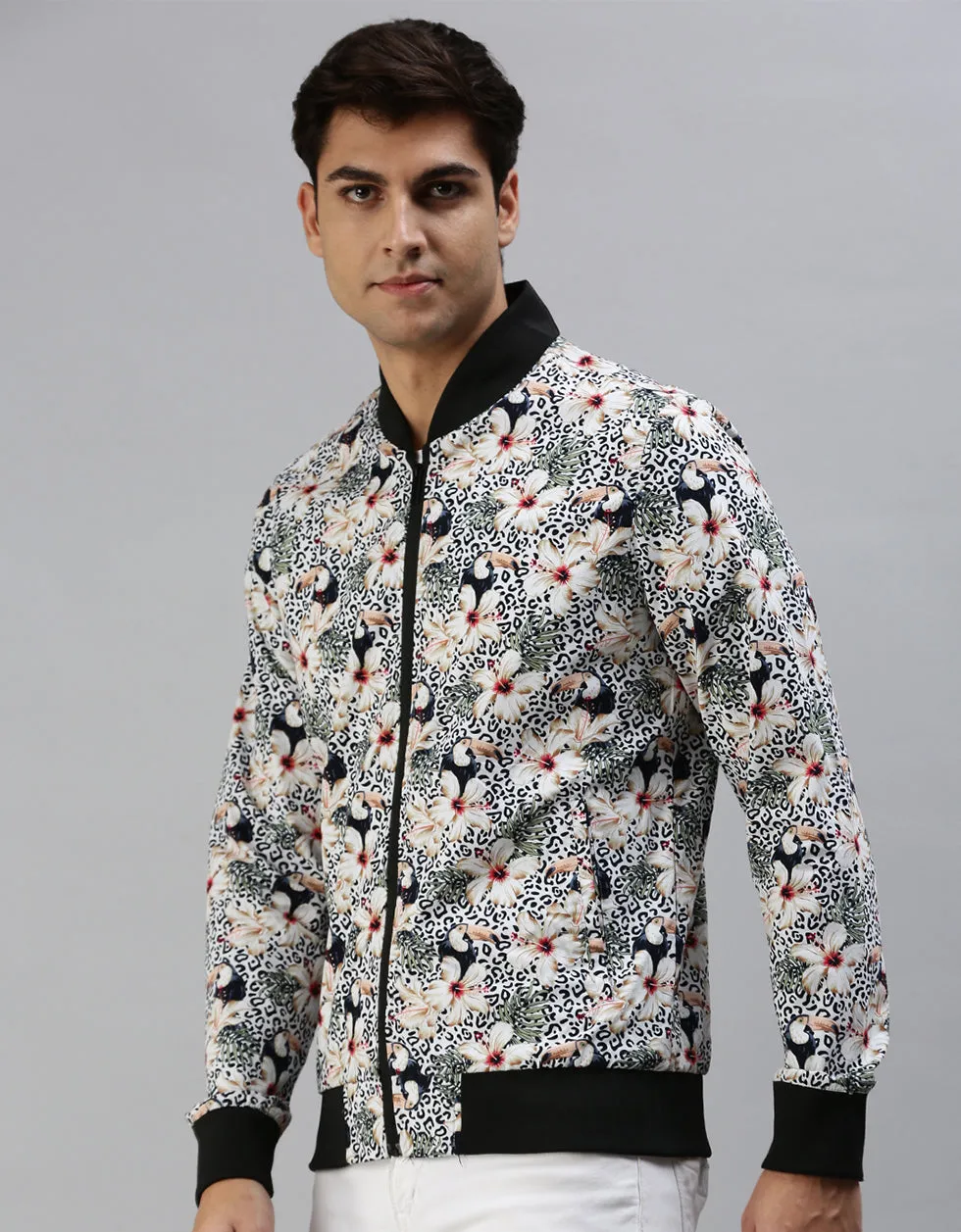 White Floral Printed Shacket for Men