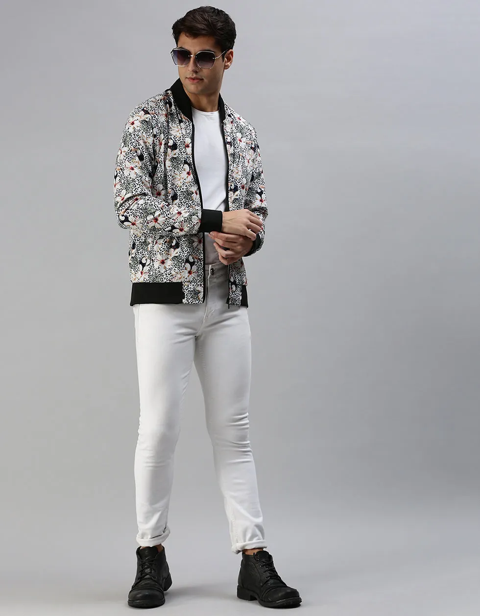 White Floral Printed Shacket for Men