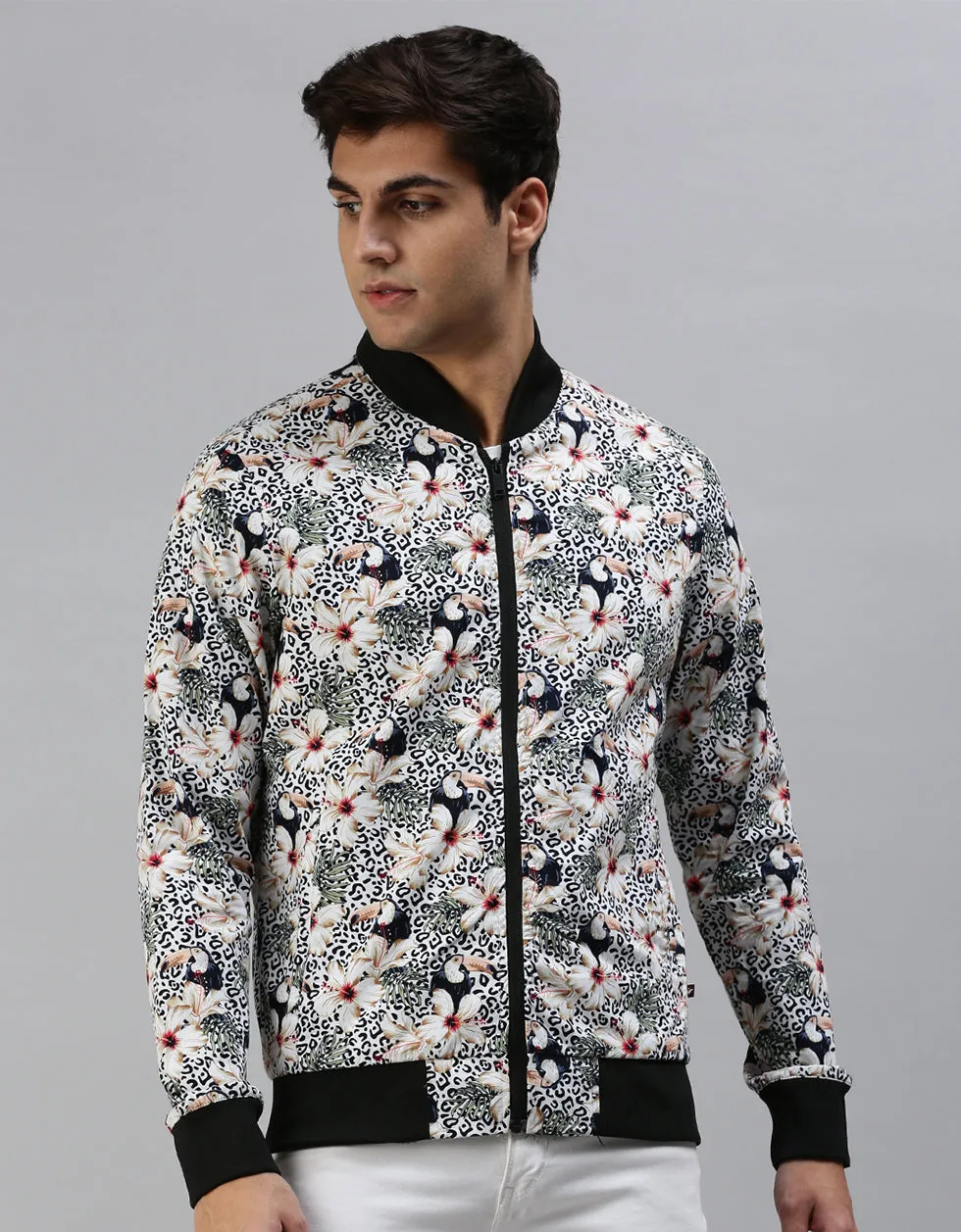 White Floral Printed Shacket for Men