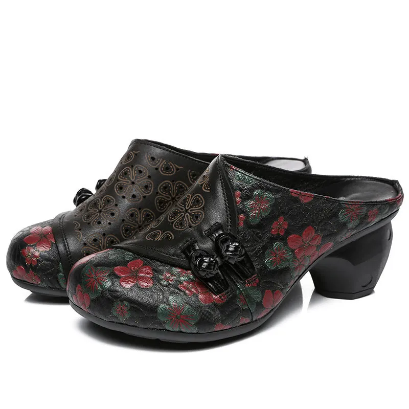 Women Retro Hollow Cowhide Casual Mules